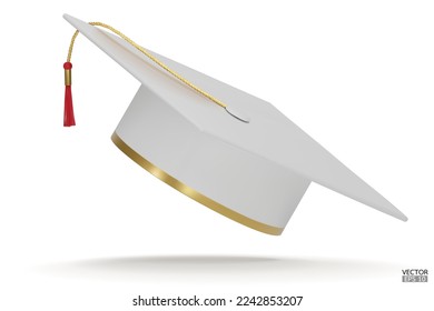 3D realistic Graduation university or college White cap isolated on white background. Graduate college, high school, Academic, or university cap. Hat for degree ceremony. 3D vector illustration.