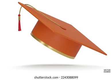 3D realistic Graduation university or college orange cap isolated on white background. Graduate college, high school, Academic, or university cap. Hat for degree ceremony. 3D vector illustration.