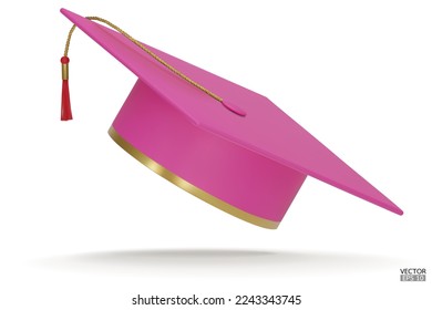 3D realistic Graduation university or college Pink cap isolated on white background. Graduate college, high school, Academic, or university cap. Hat for degree ceremony. 3D vector illustration.