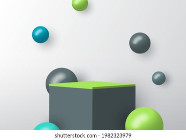 3D realistic gray and green square podium for your product showcase with sphere ball decoration on white background. Vector illustration