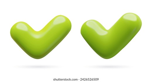3D-realistische grüne Häkchensymbole auf weißem Hintergrund. Genehmigung, ok, positives Zeichen dreidimensionale minimale Plastikstil Vektor-Illustration mit Schatten.