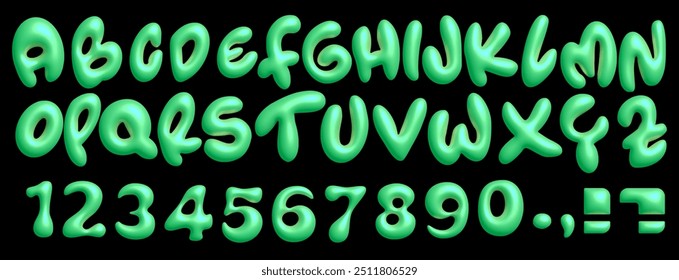 3D Realistische grüne Farbe Balloon Bubble Schriftart. Verspieltes Design inspiriert von 2000er oder 90er Jahren, aufgeblasene Buchstaben im Y2K-Stil. Englisch type Trendy Glossy 3d dreidimensionale Vektorgrafik