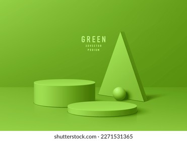 3D realistic green cylinder pedestal podium background with triangle backdrop in empty clean room. Minimal wall scene mockup product stage showcase, Promotion display. Abstract vector geometric forms.