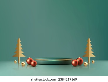 3D of a realistic green and gold Christmas podium on a green background with pine tree and red balls. Perfect for product display, mockups, showrooms, and showcases. Vector illustration