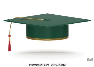 3D realistic green Graduation university or college cap isolated on white background. Graduate college, high school, Academic. Green Hat for degree ceremony. 3D vector illustration.