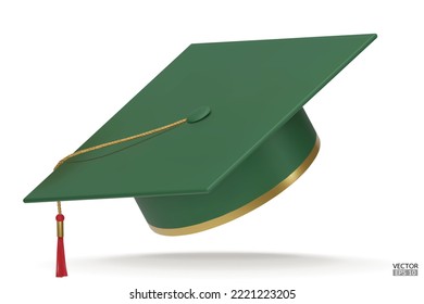 3D realistic green Graduation university or college cap isolated on white background. Graduate college, high school, Academic. Green Hat for degree ceremony. 3D vector illustration.