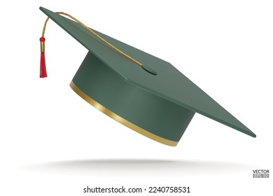 3D realistic green Graduation university or college cap isolated on white background. Graduate college, high school, Academic. Green Hat for degree ceremony. 3D vector illustration.