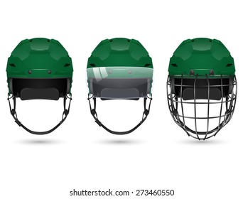 3d realistic green hockey helmet in three varieties - without protection, with visor and goalkeepers. Isolated on white background. Vector EPS10 illustration. 