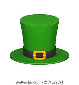 3d realistic green leprechaun top hat with a gold buckle. St. Patrick's Day decorative element. Vector realistic illustration Isolated on white background