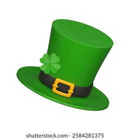 3d realistic green leprechaun top hat with a gold buckle and four-leaf clover. St. Patrick's Day decorative element. Vector realistic illustration Isolated on white background