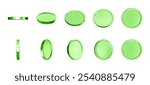 3d realistic green metal coins in different views rotating vertically and horizontally. Shiny blank coins vector isolated set