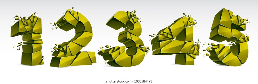 3D realistic green numbers set 1 2 3 4 5 vector illustration, breaking to pieces digits over white symbols collection.