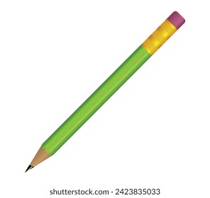 3D Realistic Green Pencil with Rubber Eraser. Realistic Vector Illustration Design. Wooden Stationery Object for Writing and Drawing. Pencil Cartoon Creative Design Idea Isolated on White Background