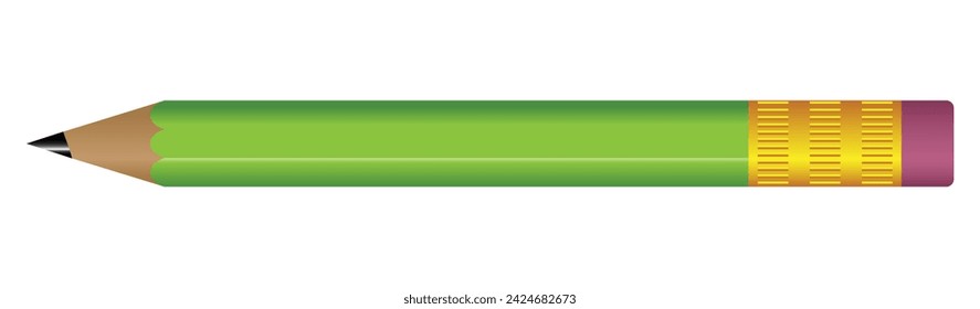 3D Realistic Green Pencil with Rubber Eraser. Realistic Vector Illustration Design. 3D Wooden Stationery Object Placed Horizontally. Pencil Cartoon Creative Design Idea Isolated on White Background.