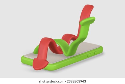 3d realistic green red arrow up down in cartoon style on phone. Trade infographic. Trading stock news impulses. Success of business strategy. Vector illustration.