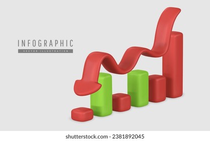 3d realistisch grüner Graph mit Pfeil nach unten im Cartoon-Stil. Handel Infografik. Börsennachrichtenimpulse. Erfolg der Unternehmensstrategie. Vektorgrafik.