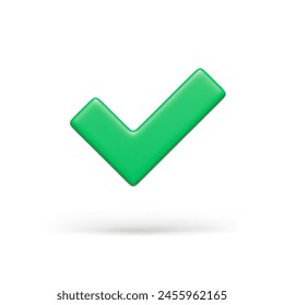 3D realistic green right check mark sign on white. Yes or correct check mark. Validation, approved concept, safe account, confirmed transaction three-dimensional vector