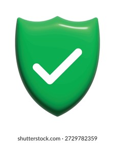 Icono de escudo verde realista 3D con marca de verificación. Símbolo brillante de la protección de la seguridad aislado en el fondo blanco. Insignia verificada, aprobada y segura para antivirus, privacidad de Web y diseño de interfaz de usuario del App.