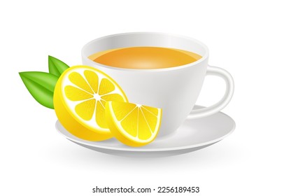 3d realistic green tea in white cup. Vector illustration. Realistic lemon fruit. Design for cafeteria, posters, banners, postcards. Template ceramic clean white mug with lemon tea. Breakfast drink.