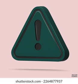 3d Realistic green triangle warning sign isolated on background. Hazard warning attention sign with exclamation mark symbol. Danger, Alert, Dangerous attention icon. 3D Vector illustration.