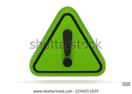 3d Realistic green triangle warning sign isolated on white background. Hazard warning attention sign with exclamation mark symbol. Danger, Alert, Dangerous attention icon. 3D Vector illustration.