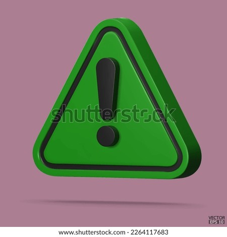 3d Realistic green triangle warning sign isolated on background. Hazard warning attention sign with exclamation mark symbol. Danger, Alert, Dangerous attention icon. 3D Vector illustration.