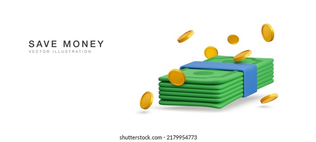 3d realistic green USA money bundle and gold coins isolated on white background. Business and finance concept. Vector illustration