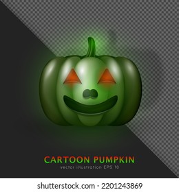 3D realistic green zombie pumpkin with laughing face and red eyes. Cartoon creepy Halloween poisoned squash. Horror decoration of carved turnip, gourd. Vector spooky Jack-o-lantern with green lighting