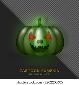 3D realistic green zombie pumpkin with angry face and red eyes. Cartoon creepy Halloween poisoned squash. Horror decoration of carved turnip, gourd. Vector spooky Jack-o-lantern with green lighting