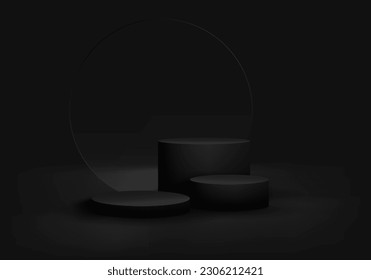 3D realistic group of empty black cylinder podium stand with transparent glass circle backdrop on dark background for product display luxury style. Use for studio room elegant wall scene, mockup