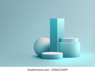 3D realistic group of empty blue podium stand with geometric elements isolated on light blue background. Use for product display presentation, cosmetic mockup, showcase, media banner, etc. Vector