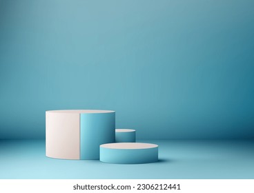 3D realistic group of empty blue and pink podium stand on blue background and natural lighting modern style. Use for product display presentation, cosmetic mockup, showcase, media banner, etc. Vector