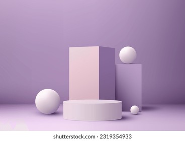 Grupo realista 3D de base de podio purpúrpura vacía con elementos geométricos de círculos blancos sobre fondo púrpura. Uso para la visualización de productos, maquillaje de pantalla cosmética, escaparate, banner de medios, etc. Vector