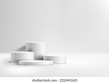 3D realistic group of empty white podium pedestal cylinder stand on clean background. You can use for product presentation, cosmetic display mockup, showcase, etc. Vector illustration