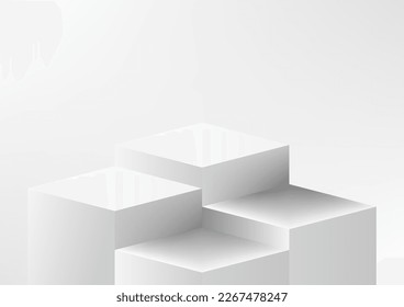 3D realistic group of empty white cube podium stand isolated minimal wall scene background. Product display for beauty cosmetic, studio room, showroom, showcase, presentation, etc. Vector illustration