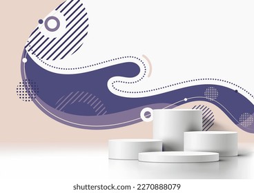 3D-realistische Gruppe leerer weißer Podium-Bodenzylinder mit abstrakter Flüssigkeit oder flüssigem organischen Material bildet dynamische Wellen Grafik-Hintergrund-Design auf sauberem Hintergrund. Sie können