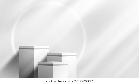 3D realistic group of white and gray color podium stand cube shape display with circle neon lighting on clean background minimal style. Abstract studio room elegant wall scene. Products display ad