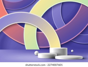 3D realistic group of white podium platform stand decoration with white balls and abstract circles border lines overlapping layer pattern background. Product display mockup for beauty cosmetic, show