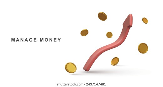 3d Gráfico de acciones de crecimiento realista con el icono de inversión de monedas. Ilustración vectorial.