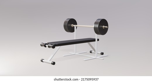 3d realistic gym bench and barbell on white stand isolated on gray background. Vector illustration.