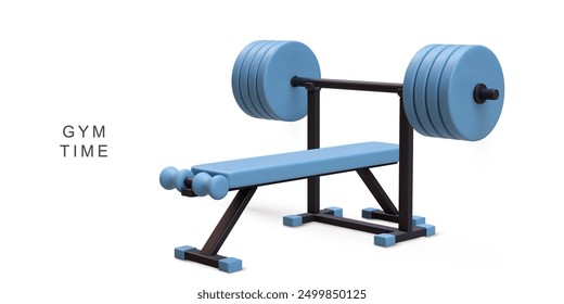 3d realistic gym bench and barbell on white background. Vector illustration.