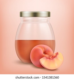 3d Realistic Half Empty Peach Jam Jar With Fresh Peaches On Orange Background