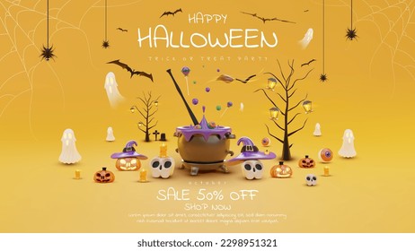 3d realistic halloween ornaments and pumpkin decorations and ghost, skull, bat, spider, broom, hat and cobweb on orange background. Vector illustration.