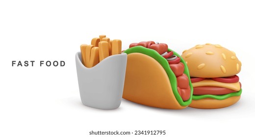 3d realistic Hamburger, French fries and Taco. Vector illustration.