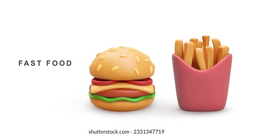 3d realistic Hamburger and fries potatoes on white background. Vector illustration.
