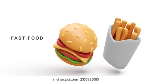 3d realistic Hamburger and fries potatoes. Vector illustration.