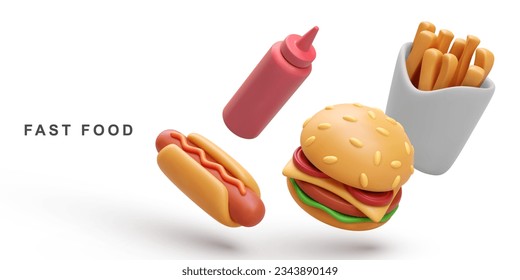 3d realistic Hamburger, Hot Dog, ketchup and fries potatoes on white background. Vector illustration.