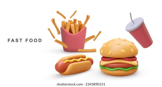 3d Hamburguesa realista, Perro caliente, soda y papas fritas con fondo blanco. Ilustración vectorial.