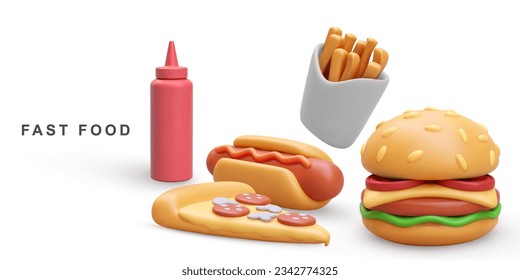 3d Hamburger realista, Pizza, Perro caliente, ketchup y patatas fritas con fondo blanco. Ilustración vectorial.