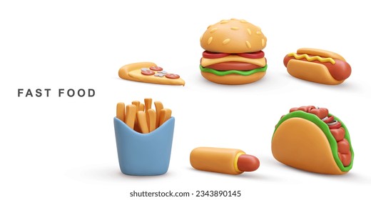 3d realistic Hamburger, Pizza, Hot Dog, Taco and fries potatoes on white background. Vector illustration.